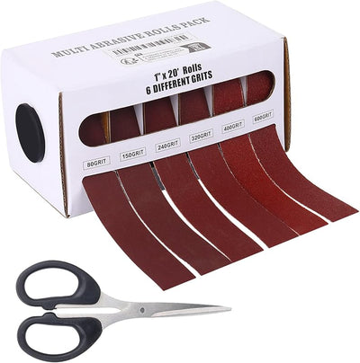 Rollo papel lija 80-600 con dispensador y tijeras para muebles