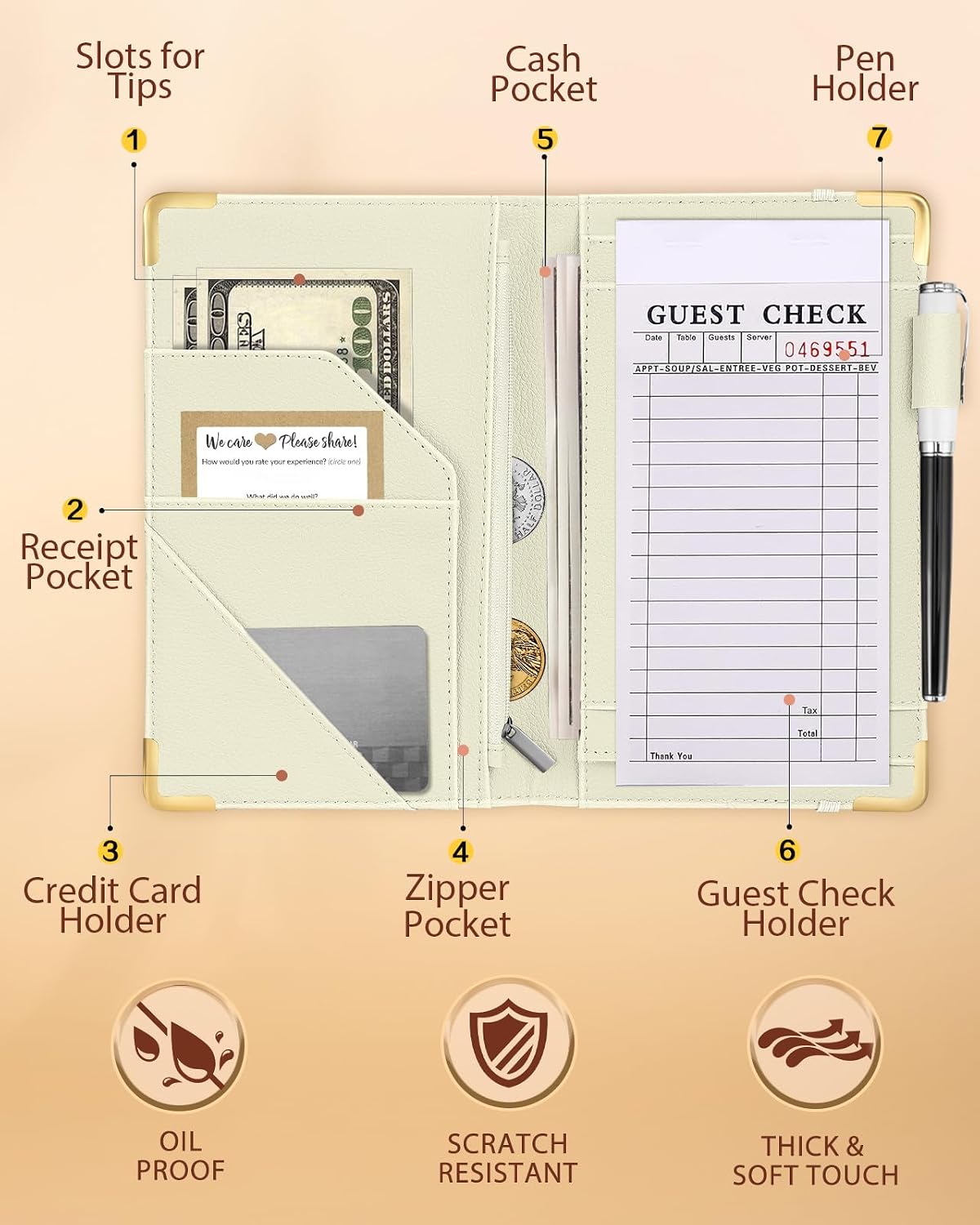 Libreta cuero servidor con bolsillo cheques restaurante