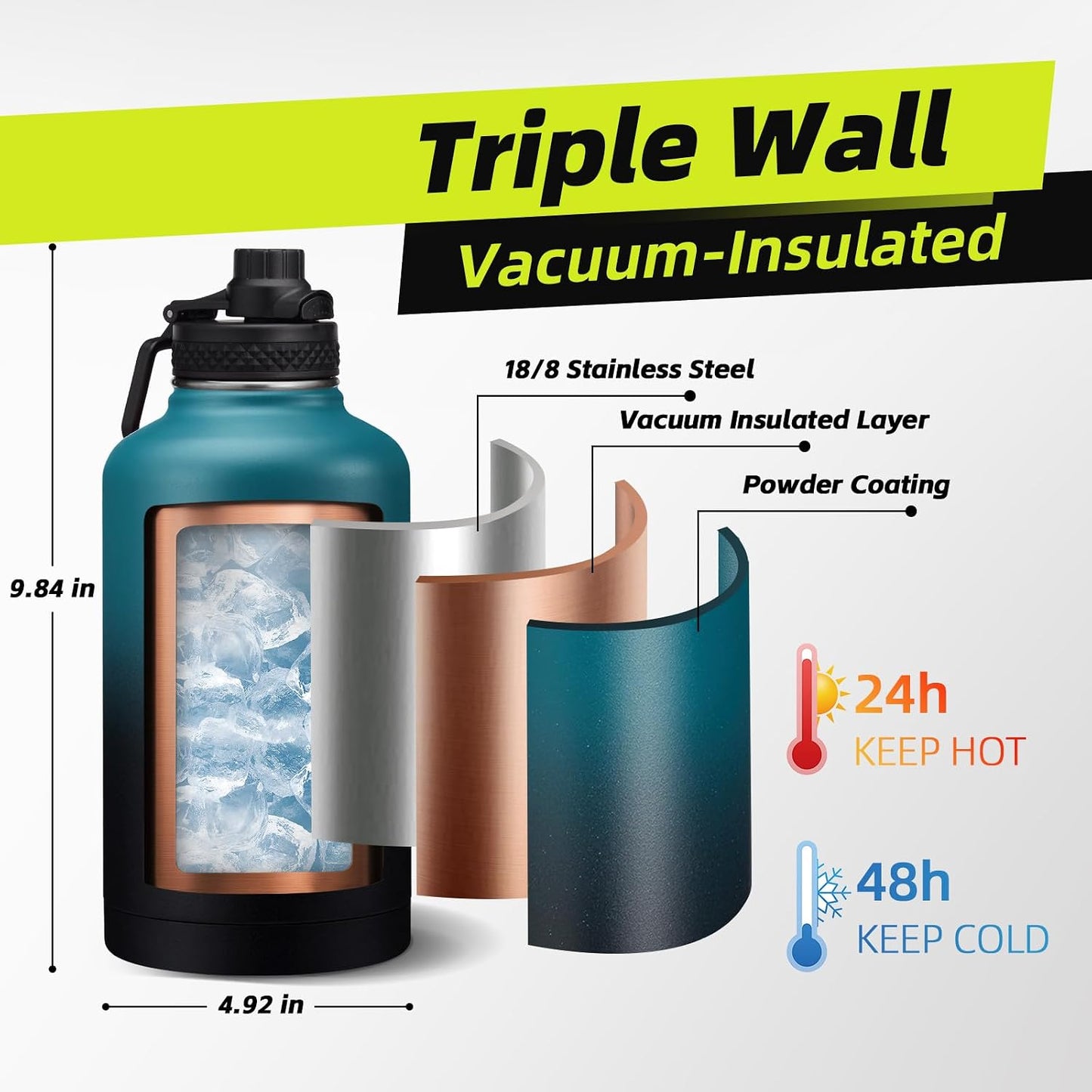 Botella agua aislada acero inox 64oz con popote y tapa