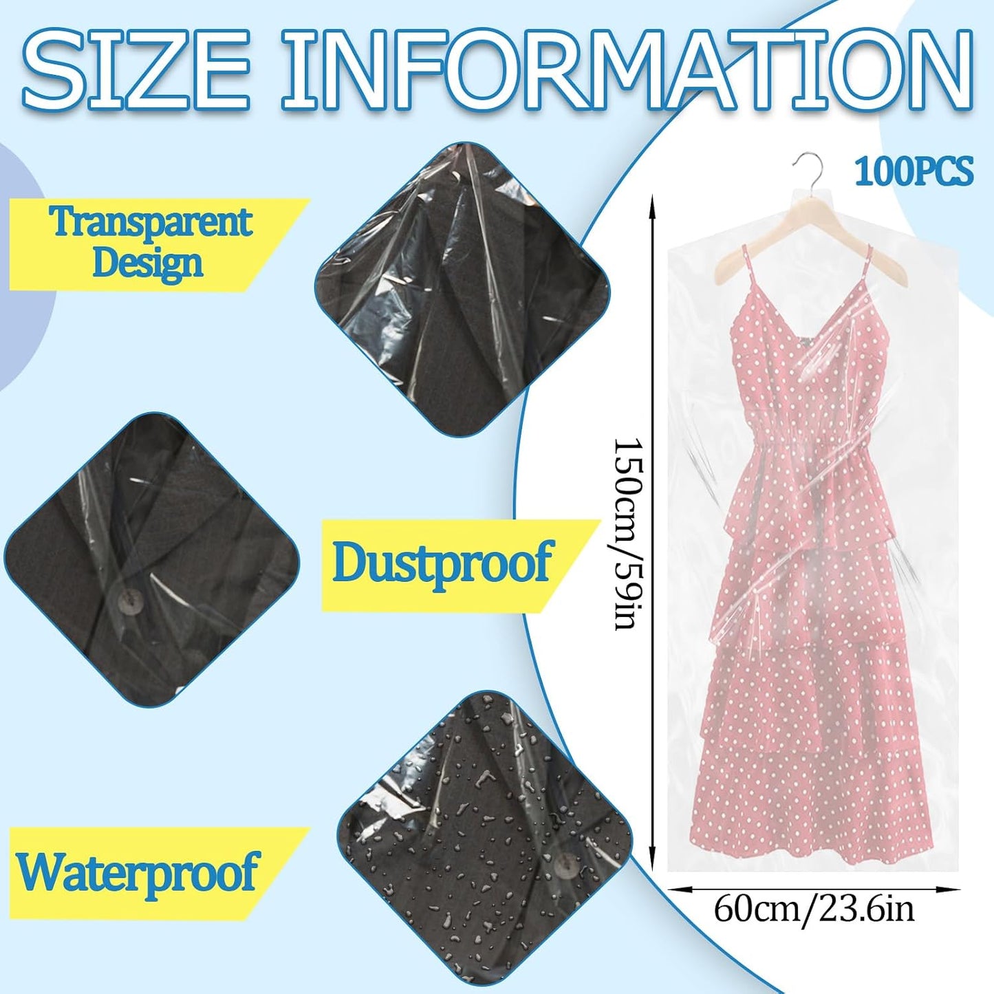 100 Bolsas Plástico Transparente para Colgar Ropa 59"