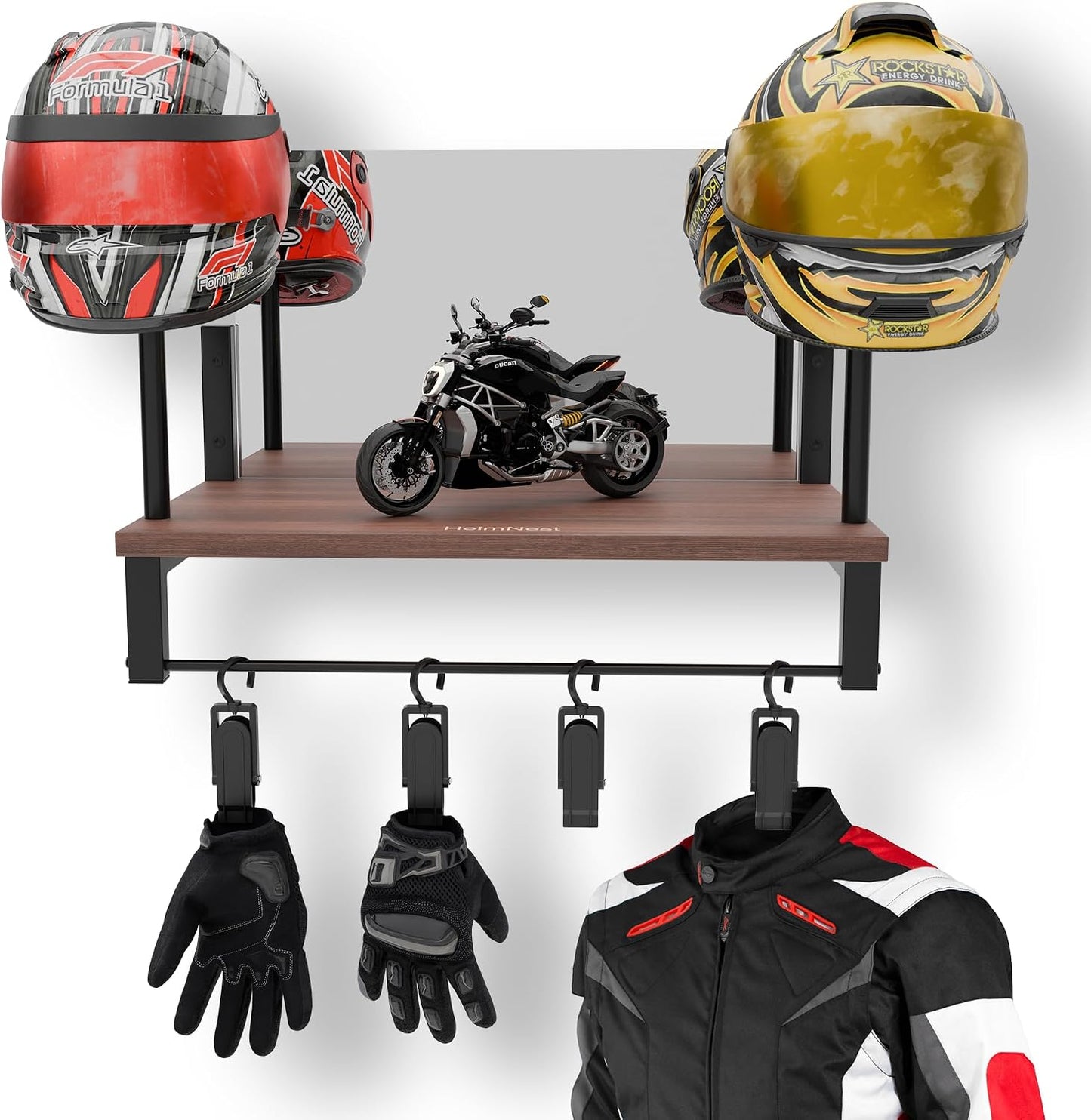 Soporte pared casco motocicleta con espejo y ganchos