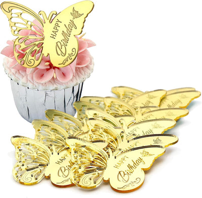 12 Adornos Acrílicos Mariposa para Cupcakes Dorado