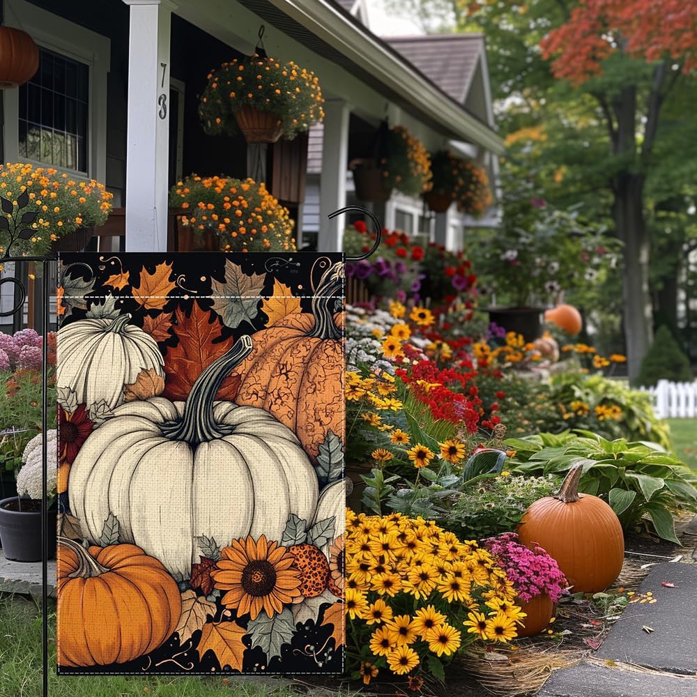 Bandera jardín calabaza otoño 12x18pulg arpillera doble cara