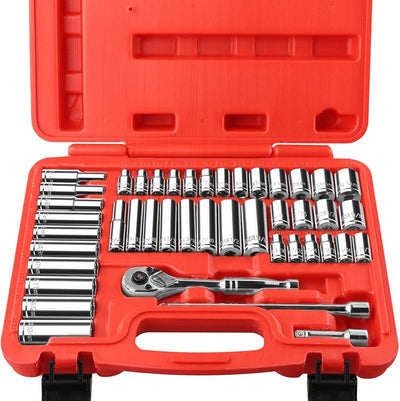 Set 44 Pzas Llaves SAE y Métricas Trinquete 90 Dientes Acero