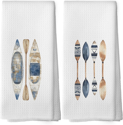 Set 2 paños cocina decorativos lago playa barco