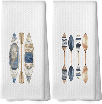Set 2 paños cocina decorativos lago playa barco