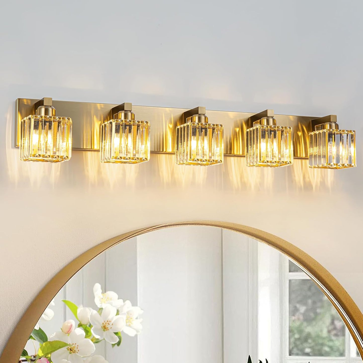 Lámpara de baño moderna de cristal dorado 5 luces