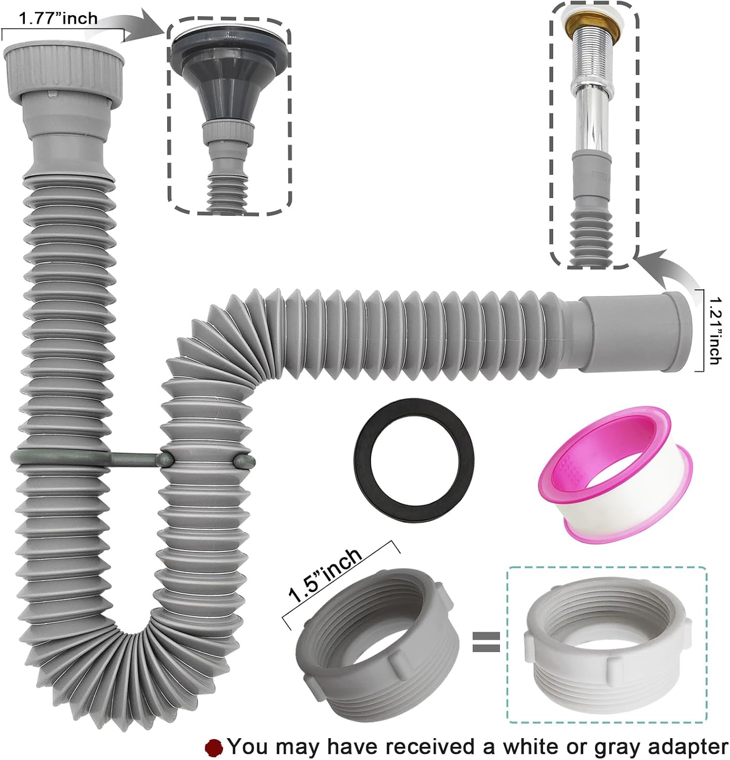 Trampa P flexible para baño adaptador drenaje 1 1/4 a 1 1/2