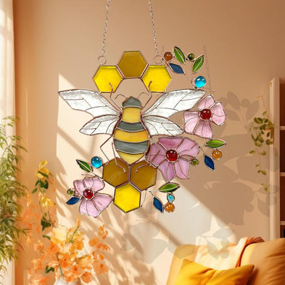Abejas con flores vitrales para ventana jardín