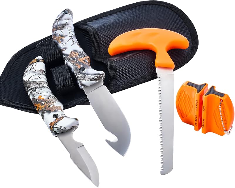 Set 4 Pzas Cuchillo Caza Sierra Desollador Cinturón