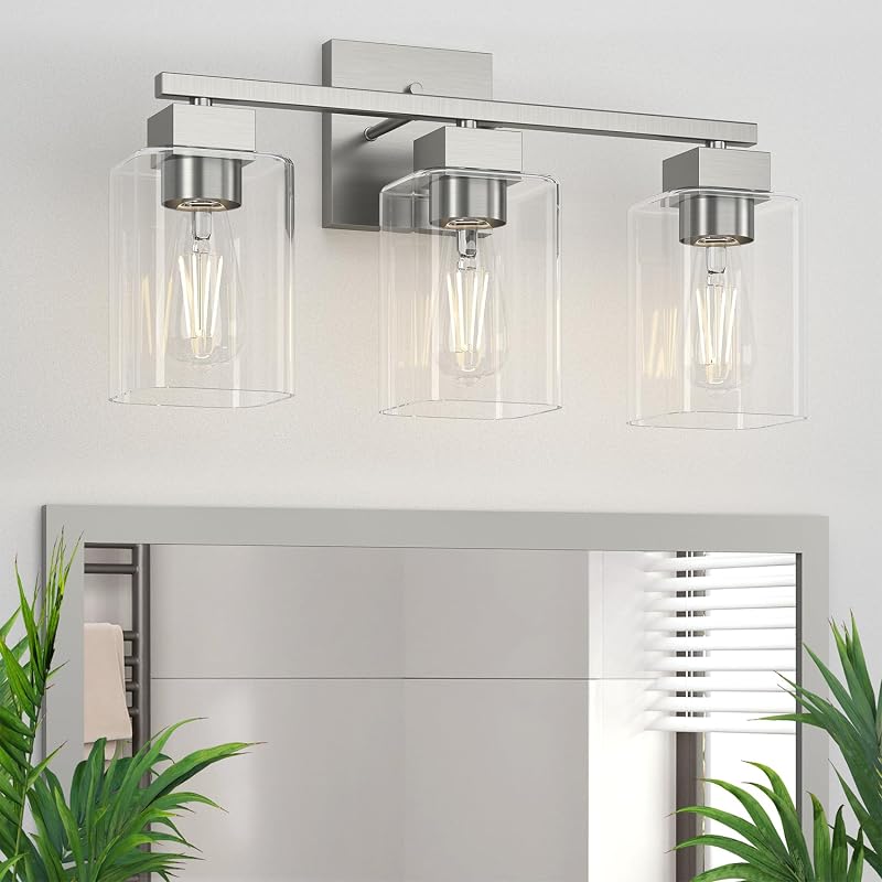 Lámpara baño níquel cepillado 3 luces cuadradas sobre espejo