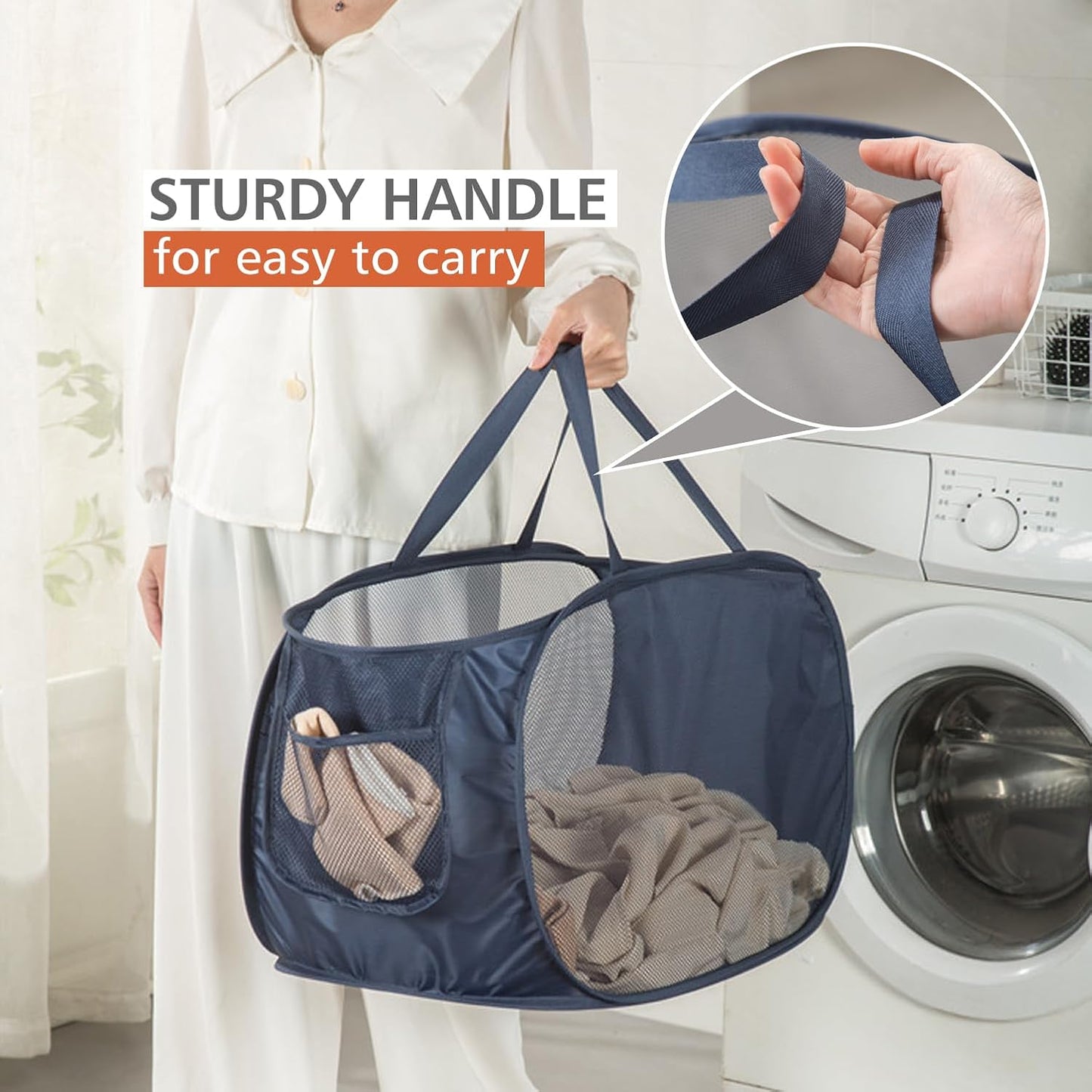 Cesta malla resistente para ropa sucia con bolsillo gris