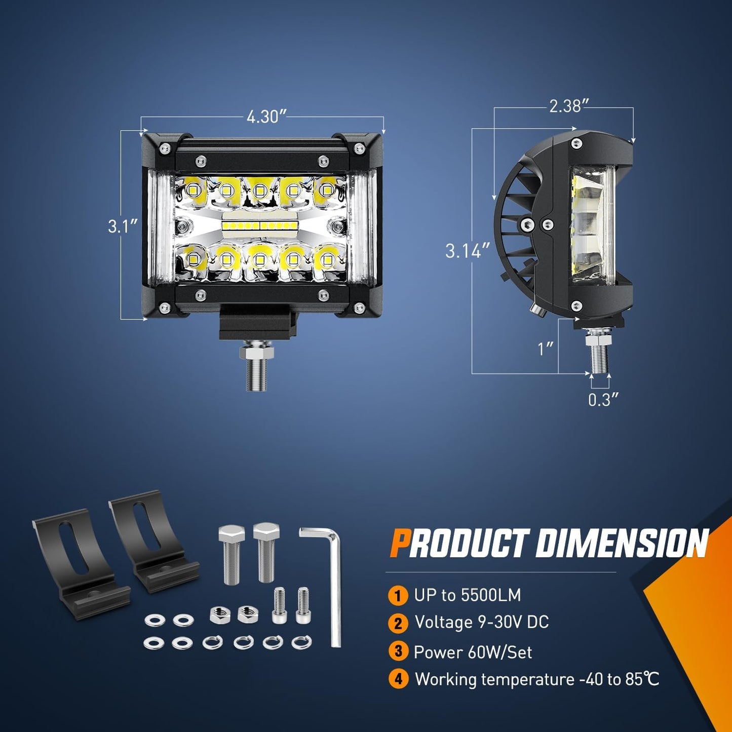 Barra luz LED lateral 2pzas 4.3" triple fila