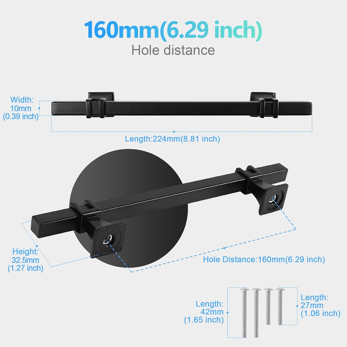 5 Tiradores Negro Mate para Puertas Cocina Cajones 160mm