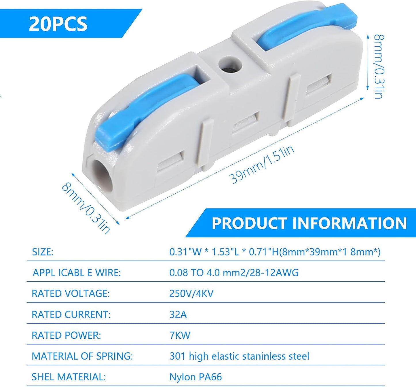20 Pzas Conectores Cable Palanca 28-12 AWG Azul