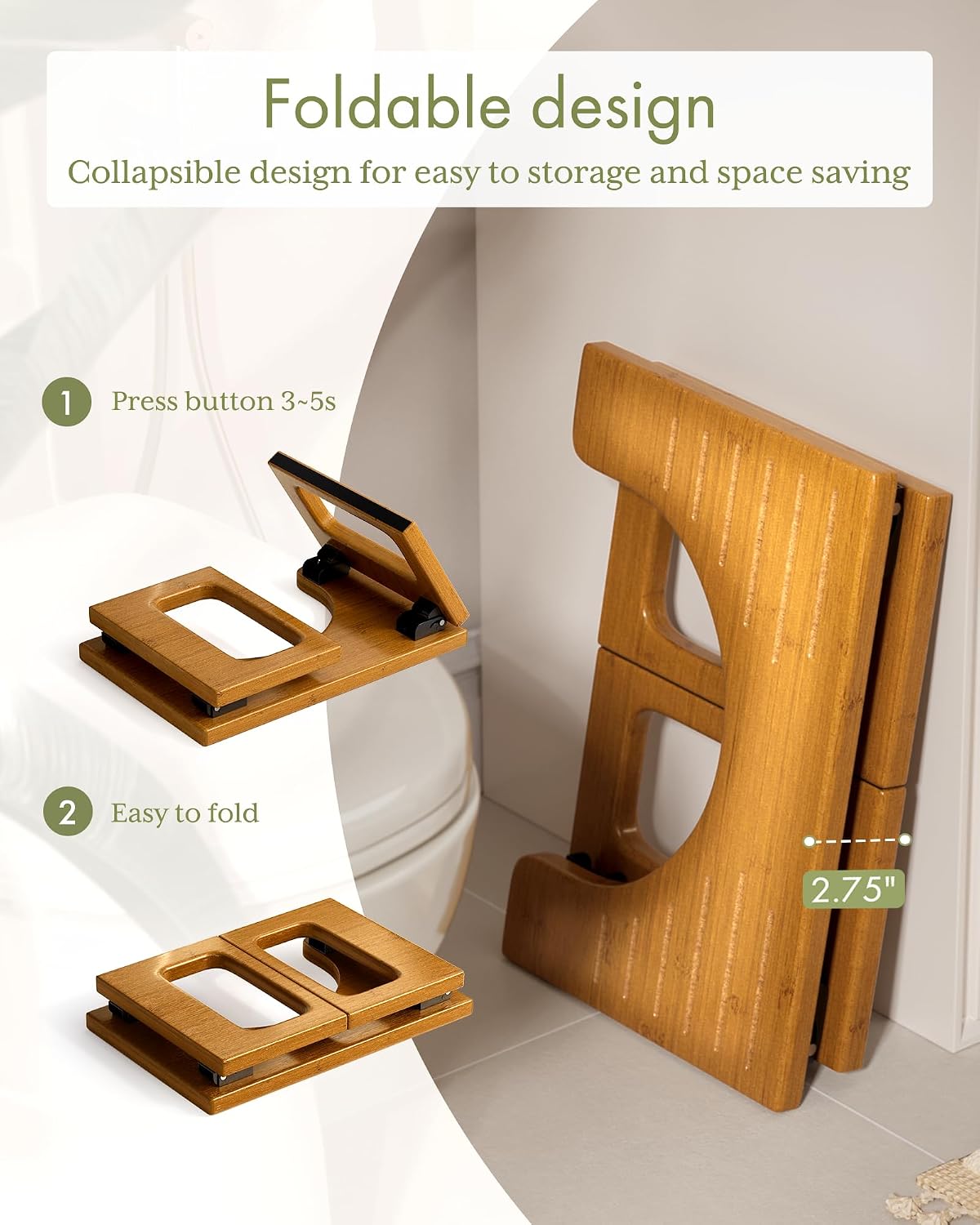 Taburete inodoro bambú 8.5pulg adultos plegable para