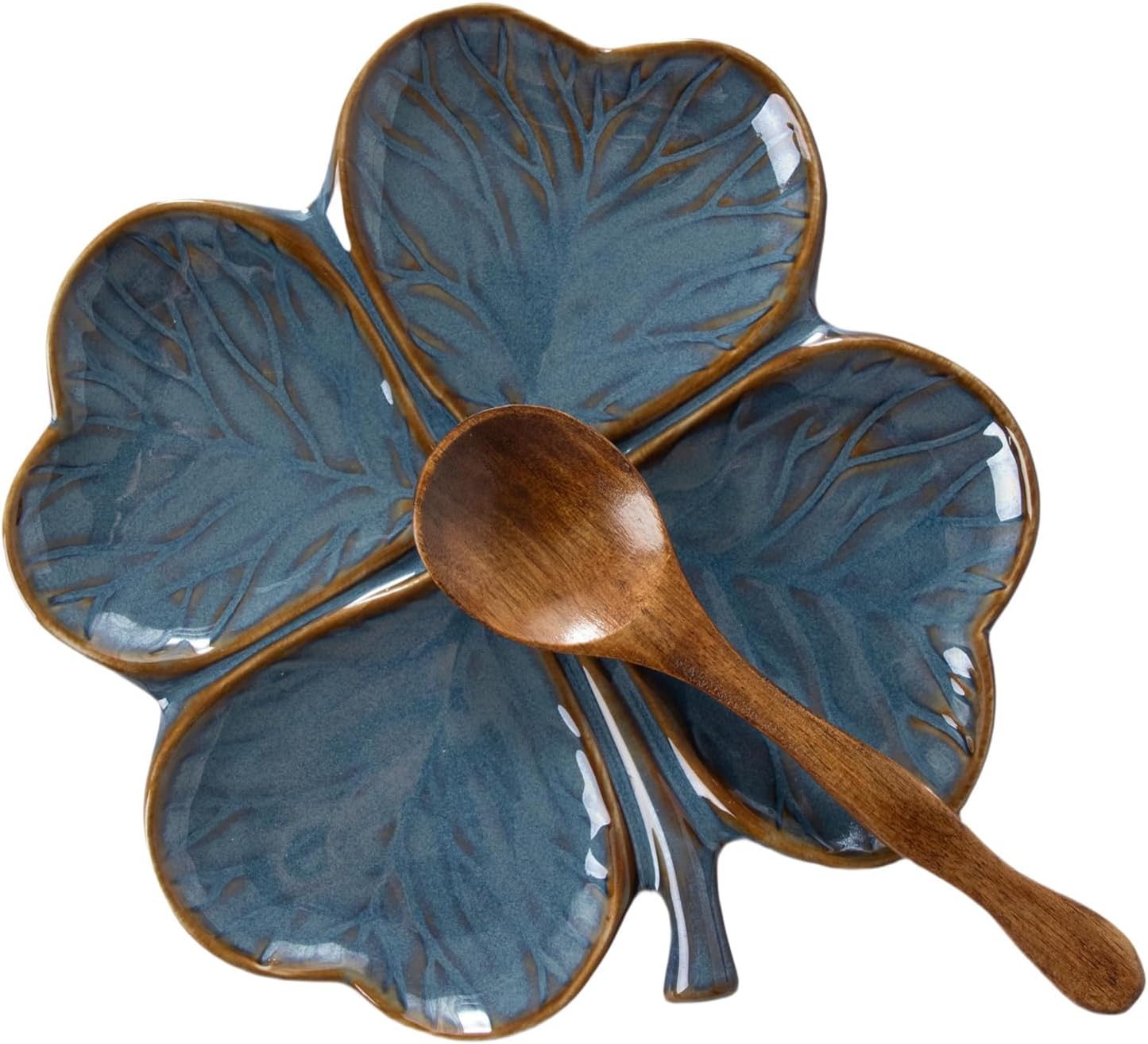 Soporte cuchara cerámica trébol 4 hojas encimera cocina azul