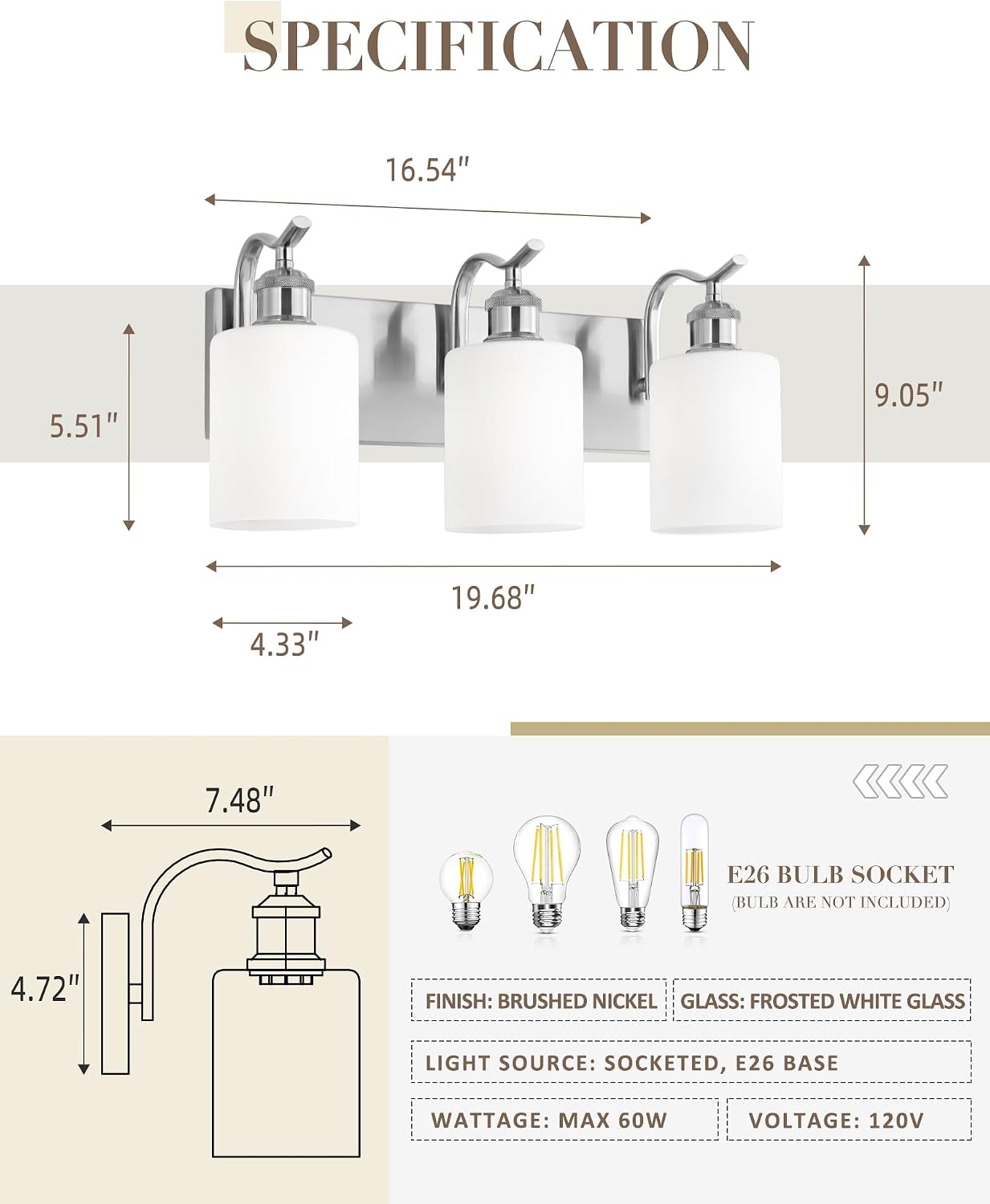 Lámpara baño vidrio lechoso 3 luces níquel cepillado