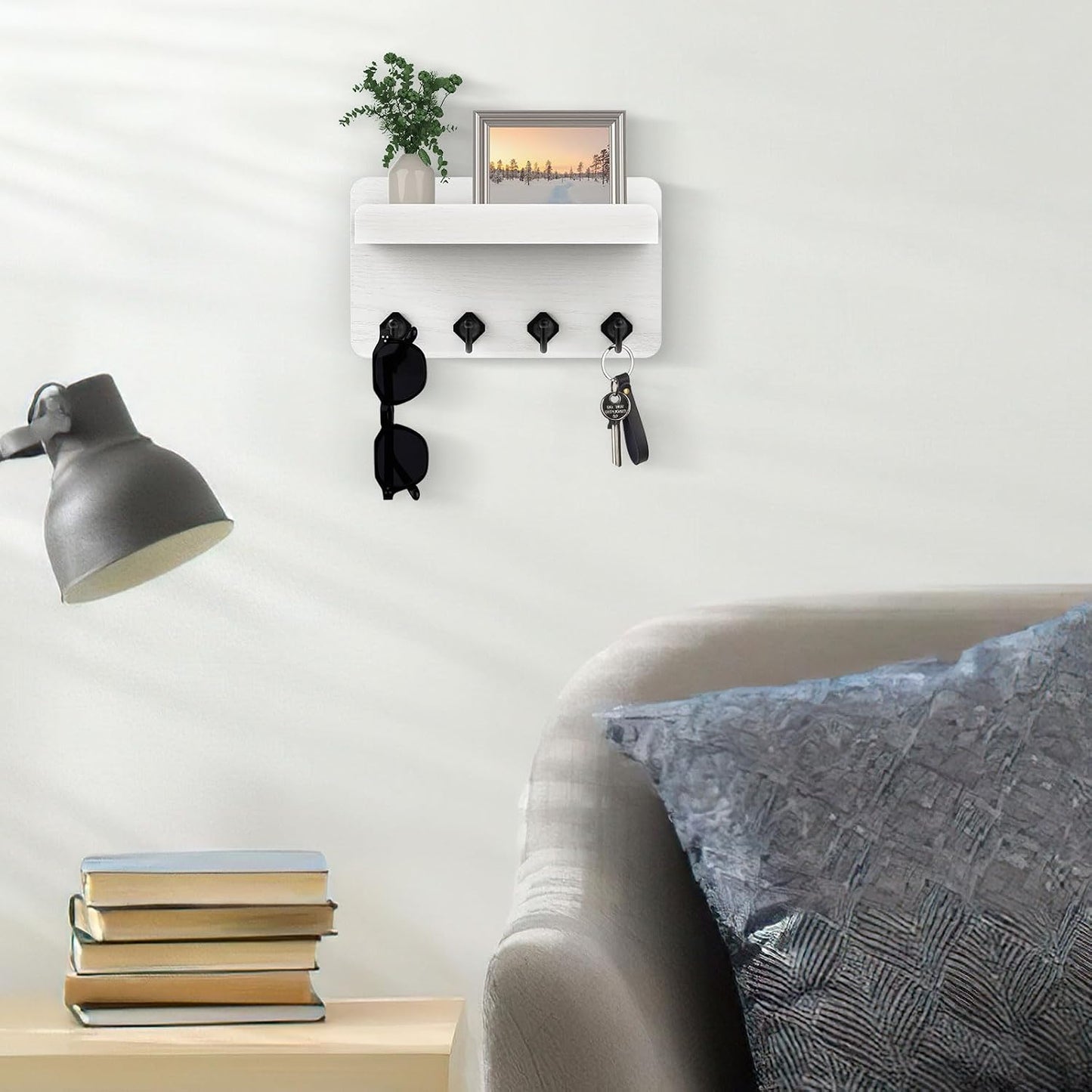 Soporte pared llaves madera 8.5" con 4 ganchos sala entrada
