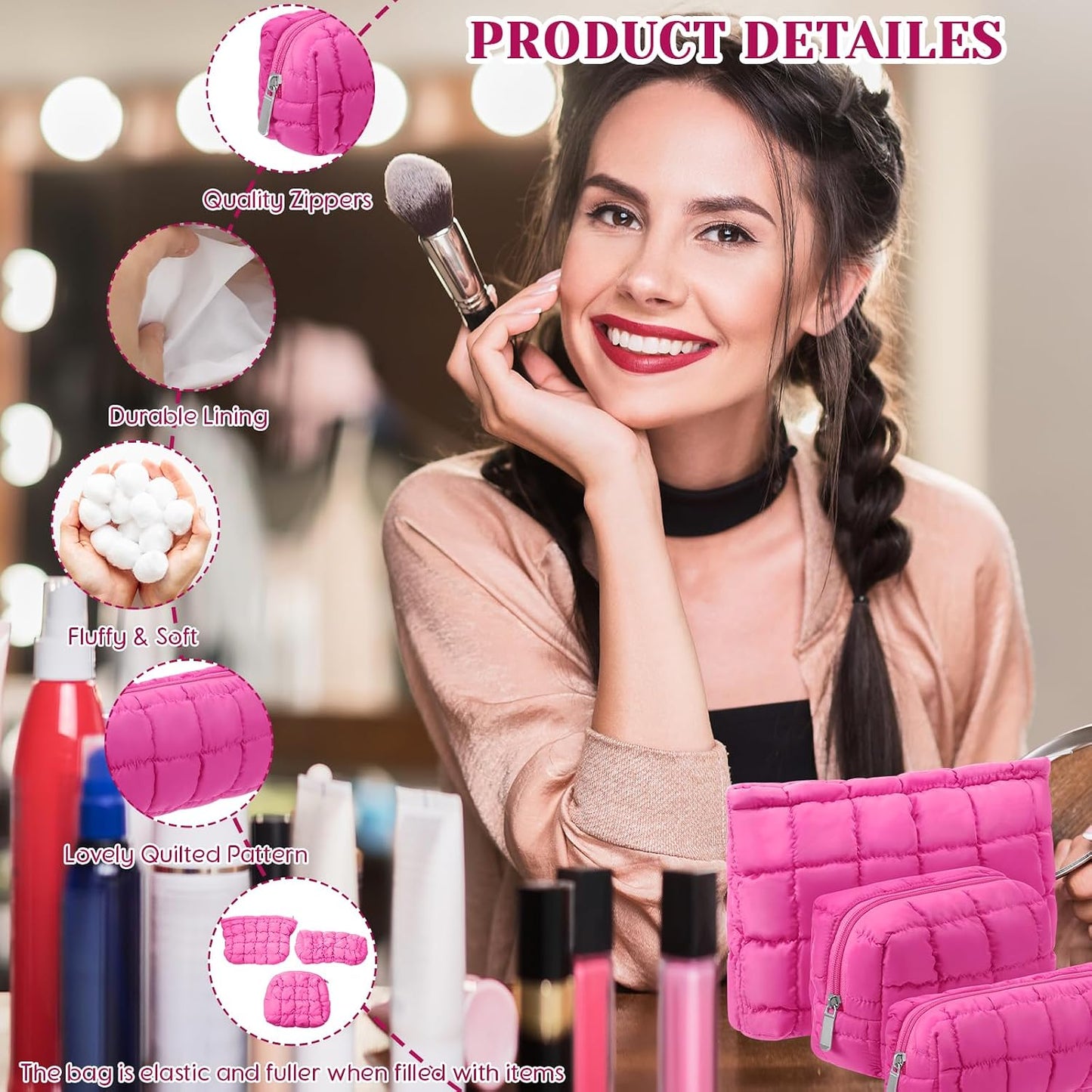 Bolsa maquillaje acolchada 3 pzas rosa intenso