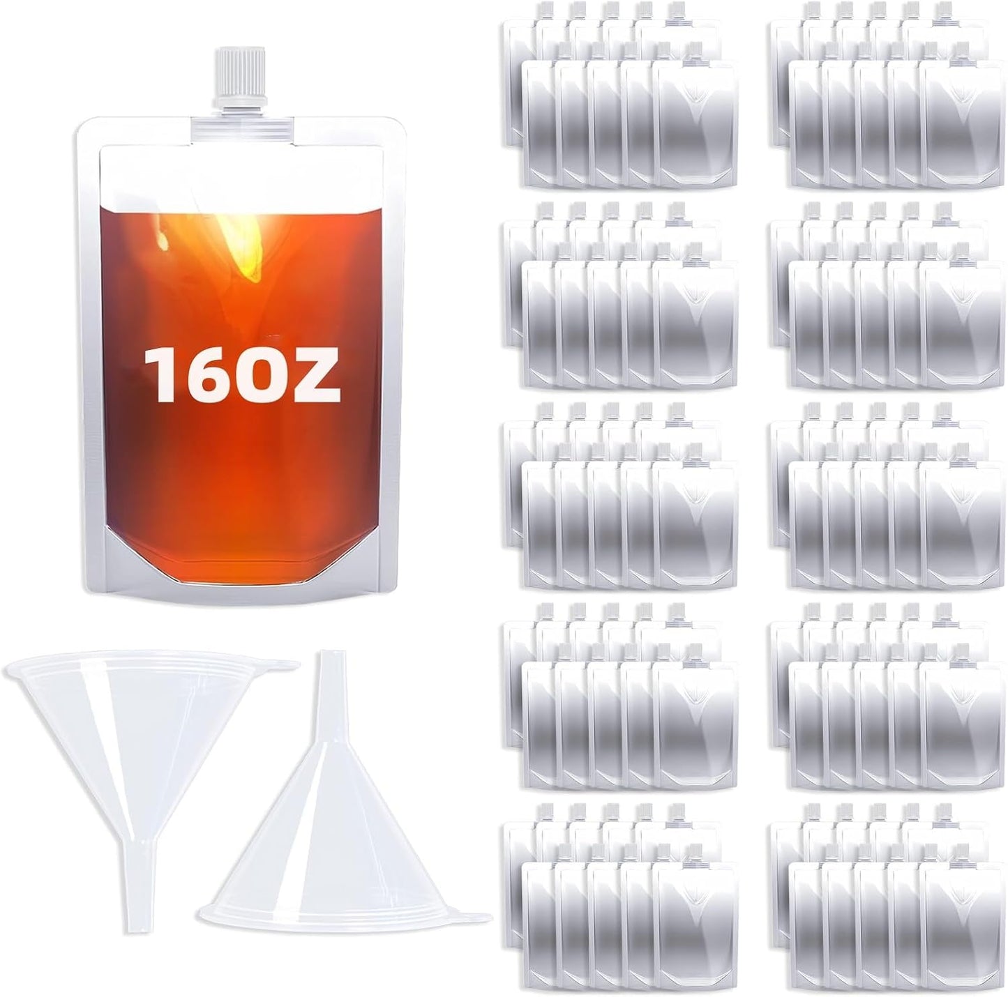 100 Bolsas Plástico 16oz Reutiliz. con Embudo para Bebidas