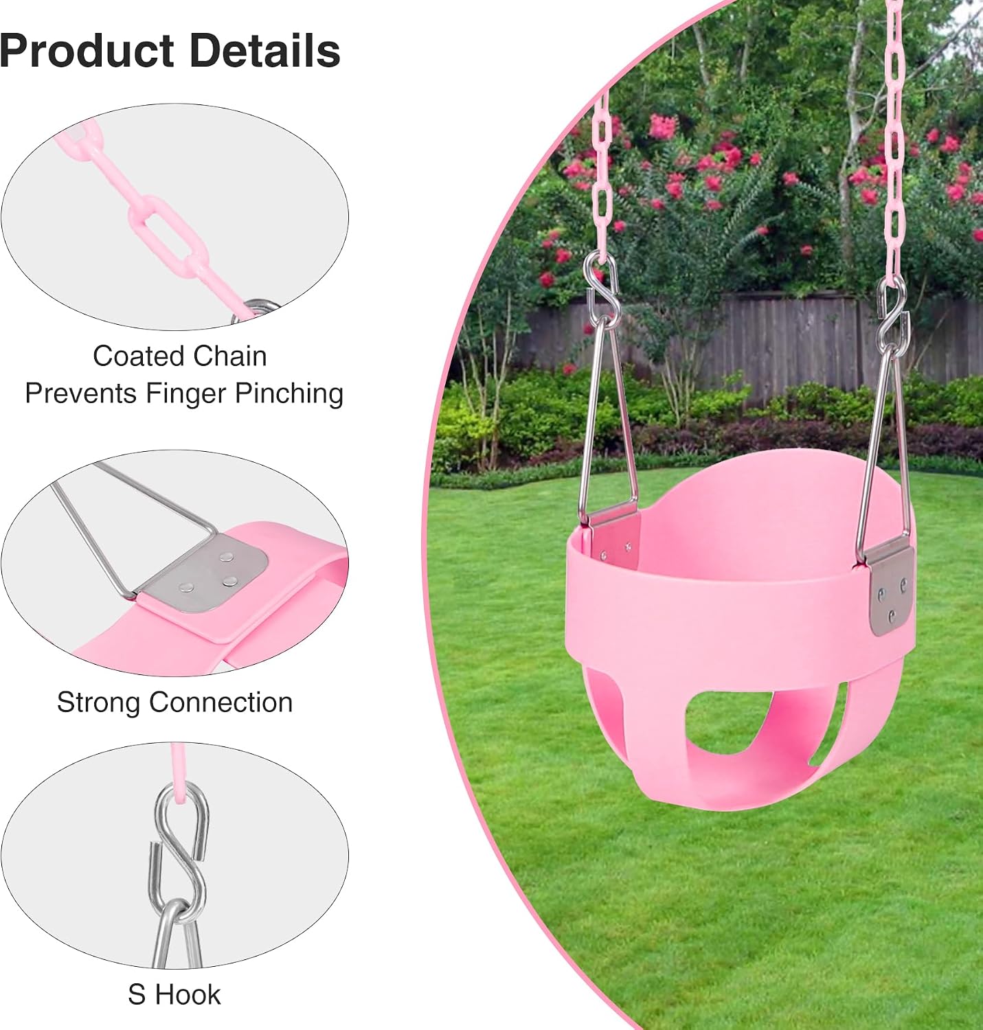 Asiento columpio con respaldo alto y correas para árbol rosa