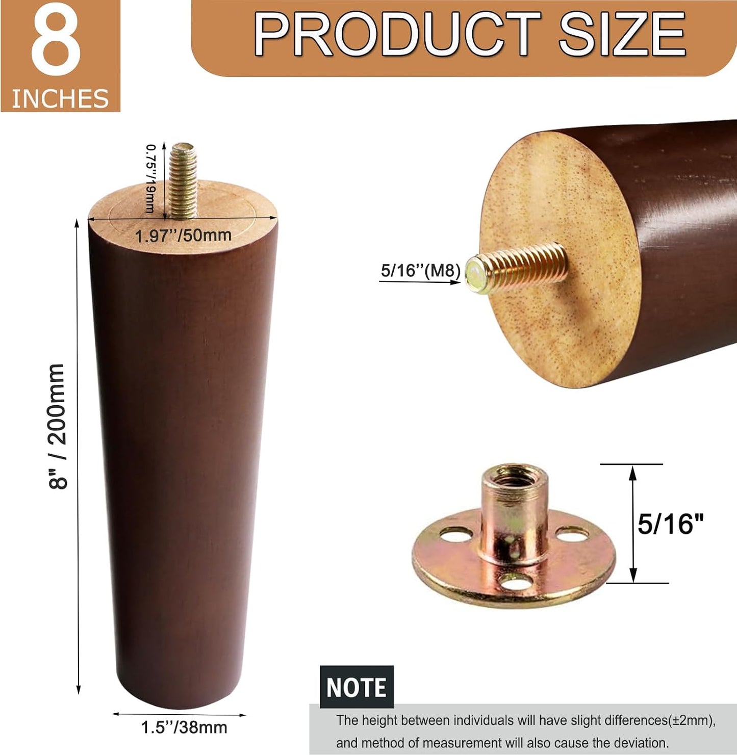 Patas redondas madera maciza marrón 8pulg set 4