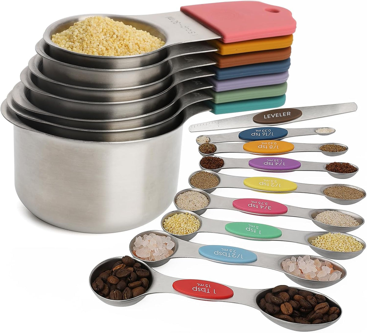 Set 16 Tazas y Cucharas Magnéticas Acero Inox con Nivelador