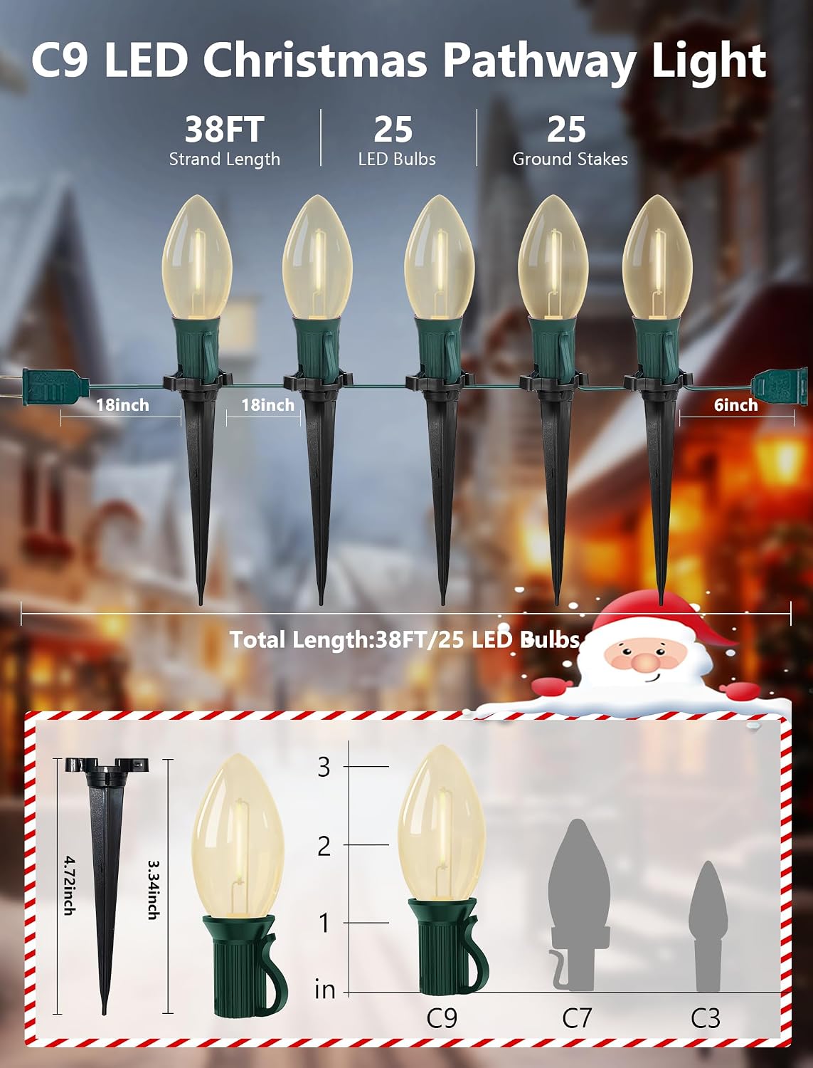 38ft Luces LED Navidad Camino Impermeables C9 Blanca