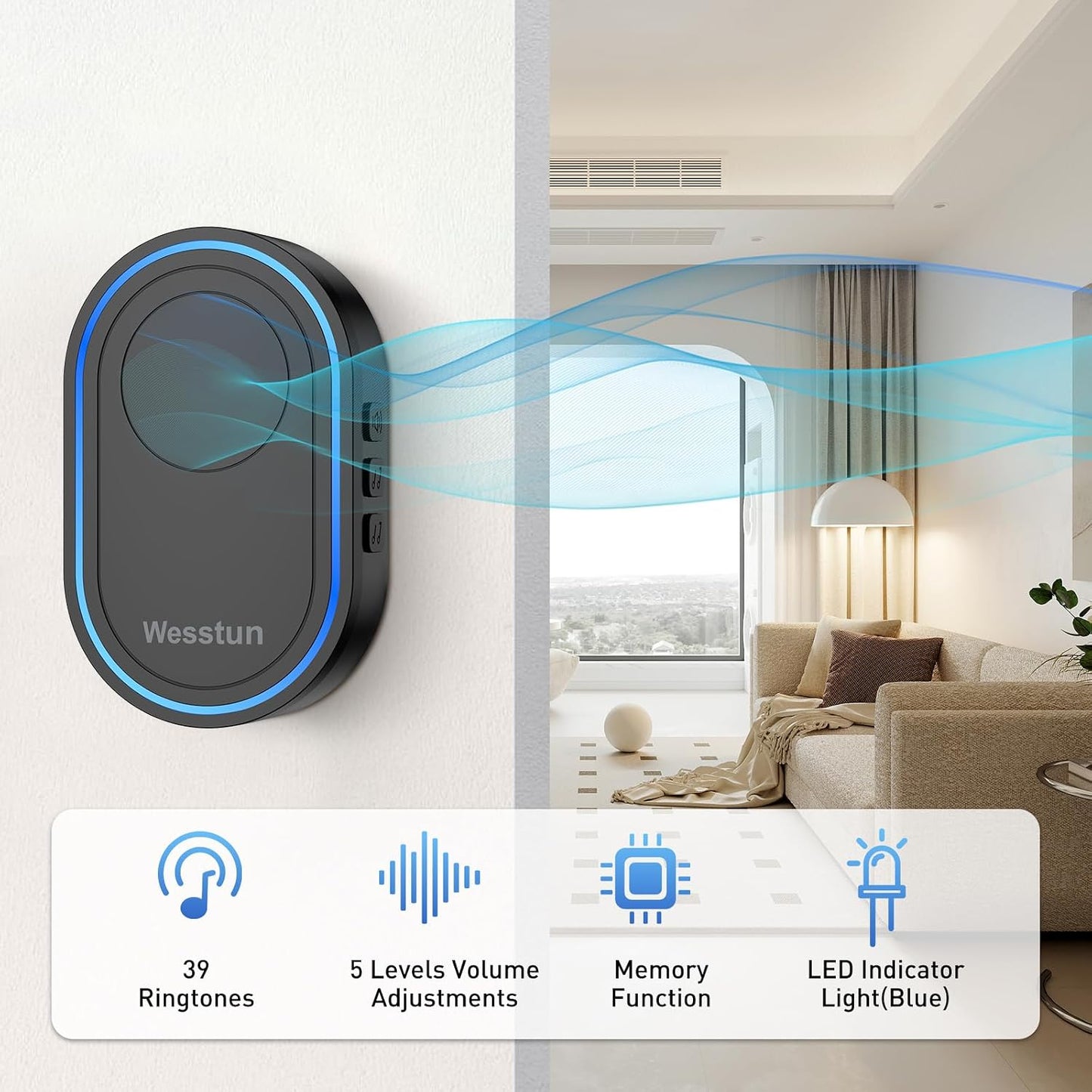 Timbre inalámbrico IP67 39 campanillas LED negro