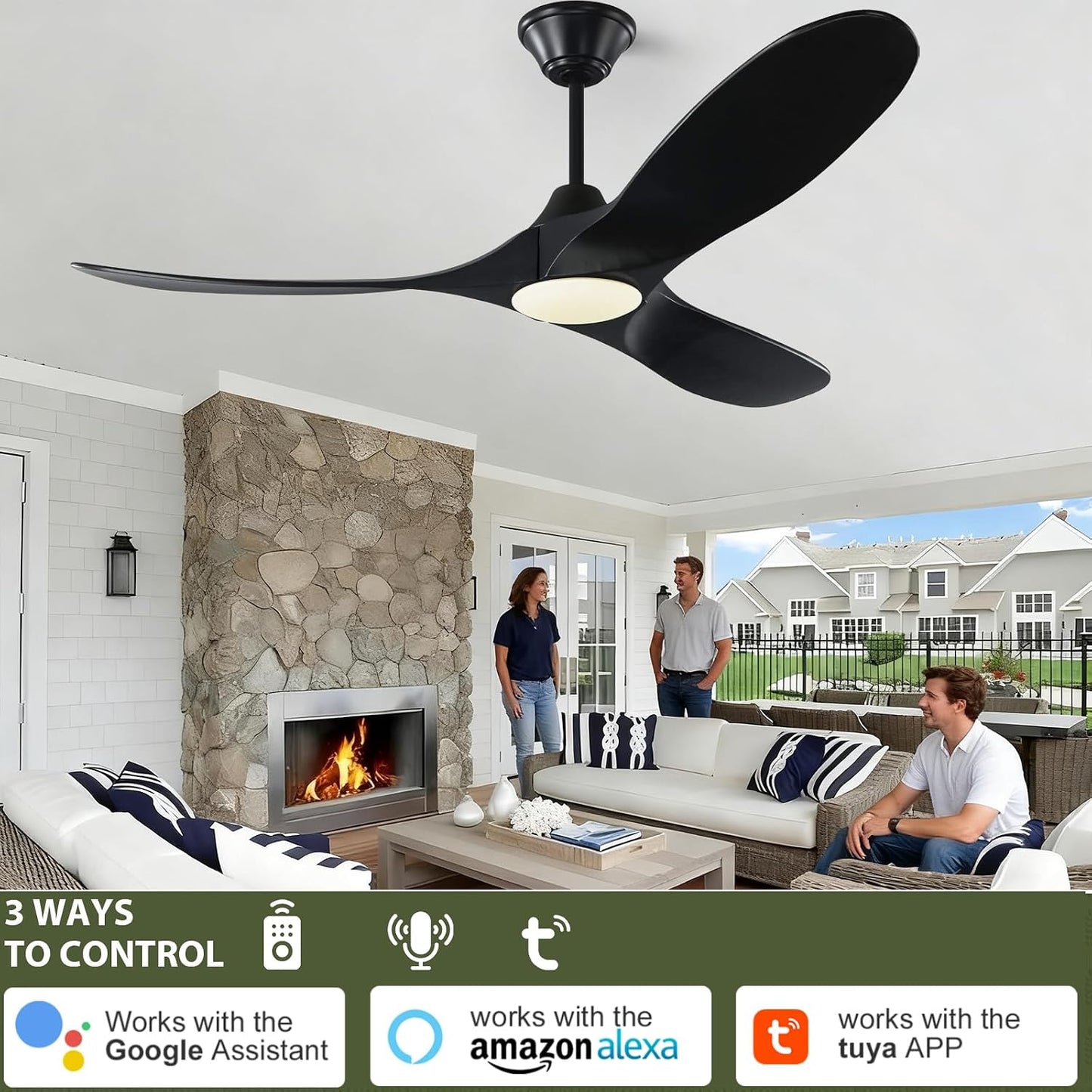 Ventilador techo 70pulg luz madera control Alexa negro