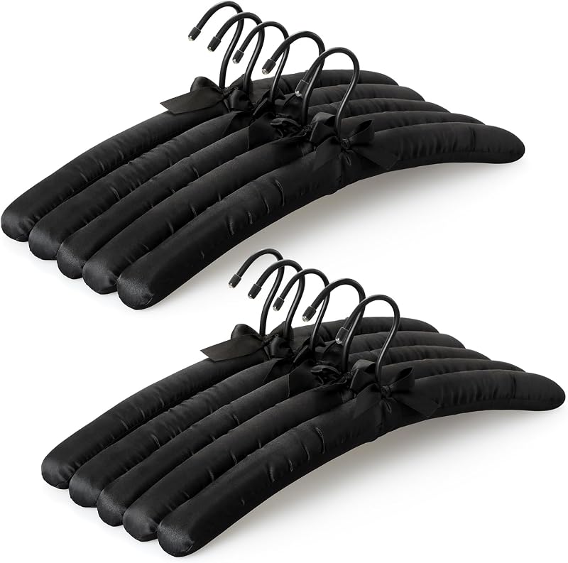 10 Perchas Satén Acolchadas 17" Sin Golpes Hombro Negro