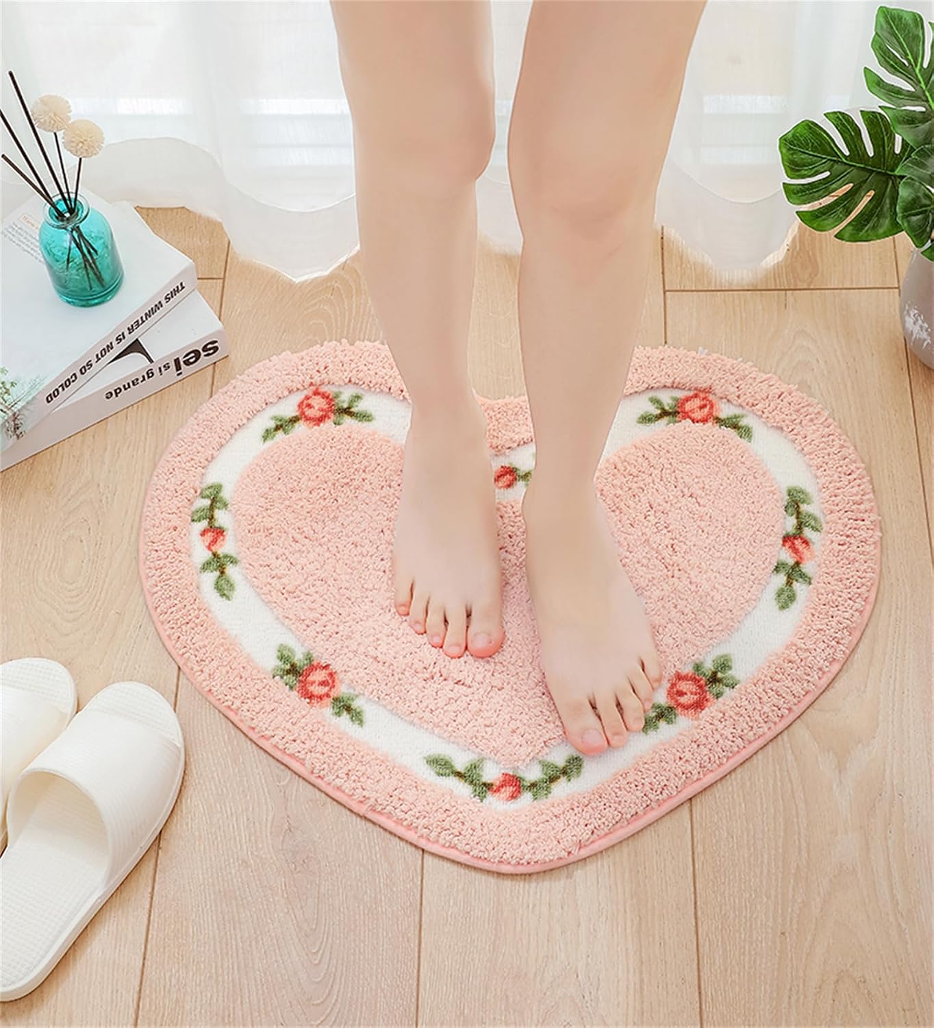 Alfombra ducha forma corazón absorbente 19.7x23.6pulg rosa