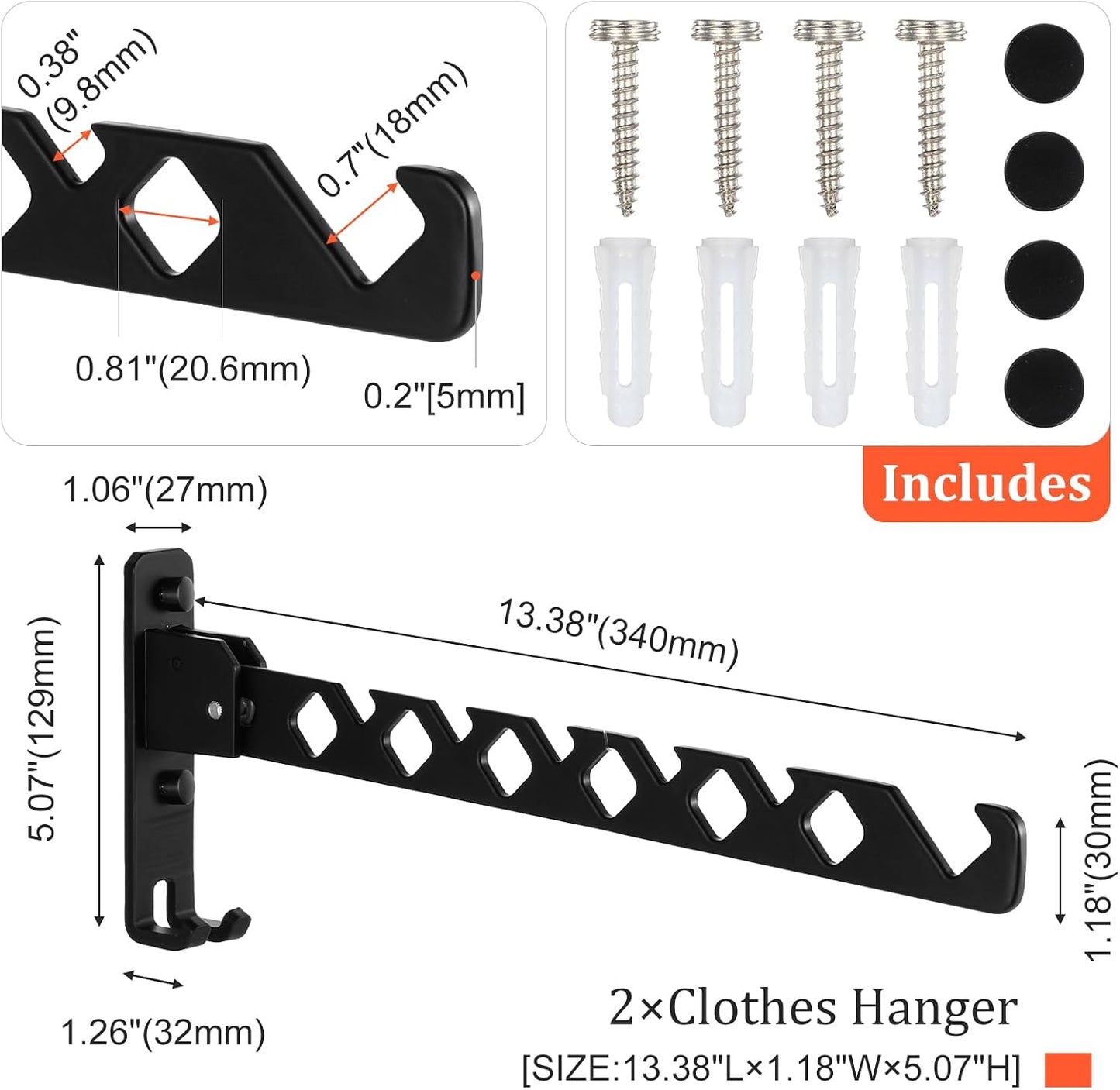 2 Ganchos Aluminio Retráctiles para Colgar Abrigos Negro