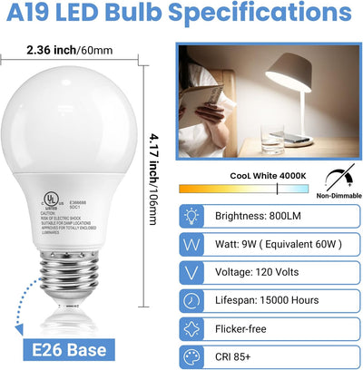 Bombillas LED A19 E26 4000K 800lm 9W no regulables
