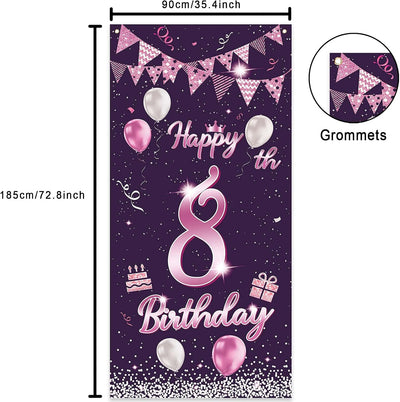 Cartel cumpleaños 8 años globos rosa decoración puerta