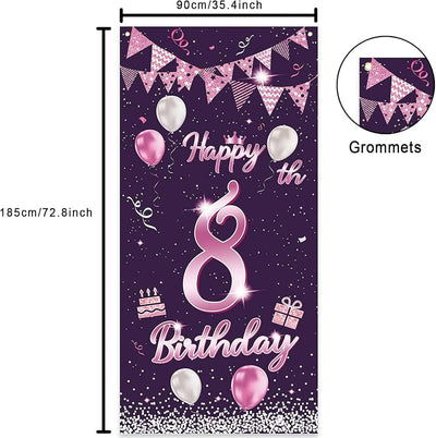 Cartel cumpleaños 8 años globos rosa decoración puerta