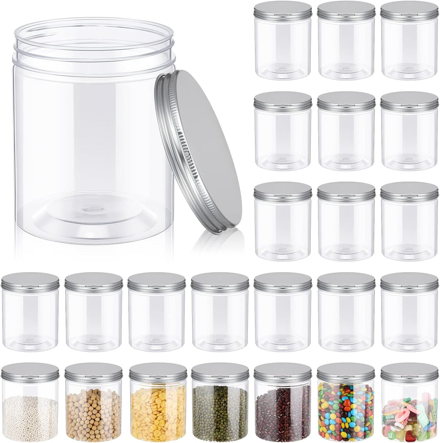 24 Frascos Plástico 16oz Tapas Transparentes Bocas Anchas