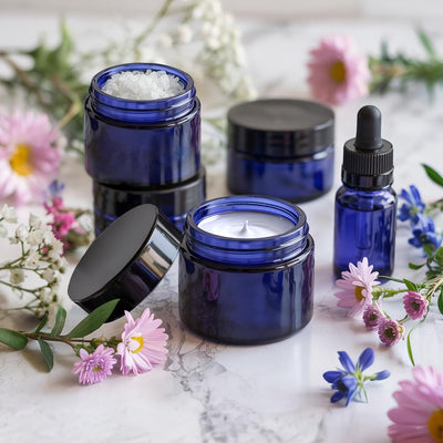 Tarros vidrio azul 2oz con tapas set 40 para cosméticos sellables