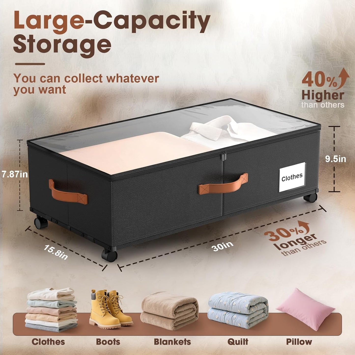 Contenedores almacenamiento bajo cama con ruedas 9.5"