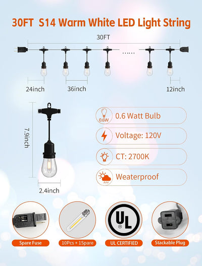 Guirnalda luces 30ft exterior blanco cálido LED impermeable