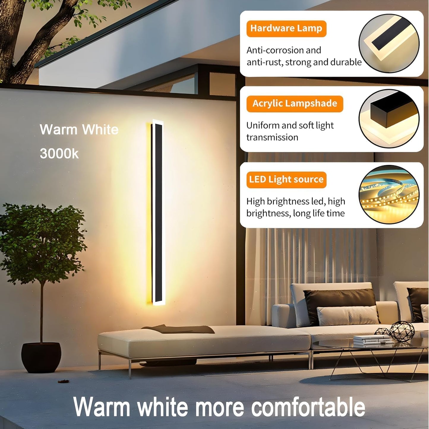 2 Lámparas pared LED 59pulg IP65 blanco cálido acrílico