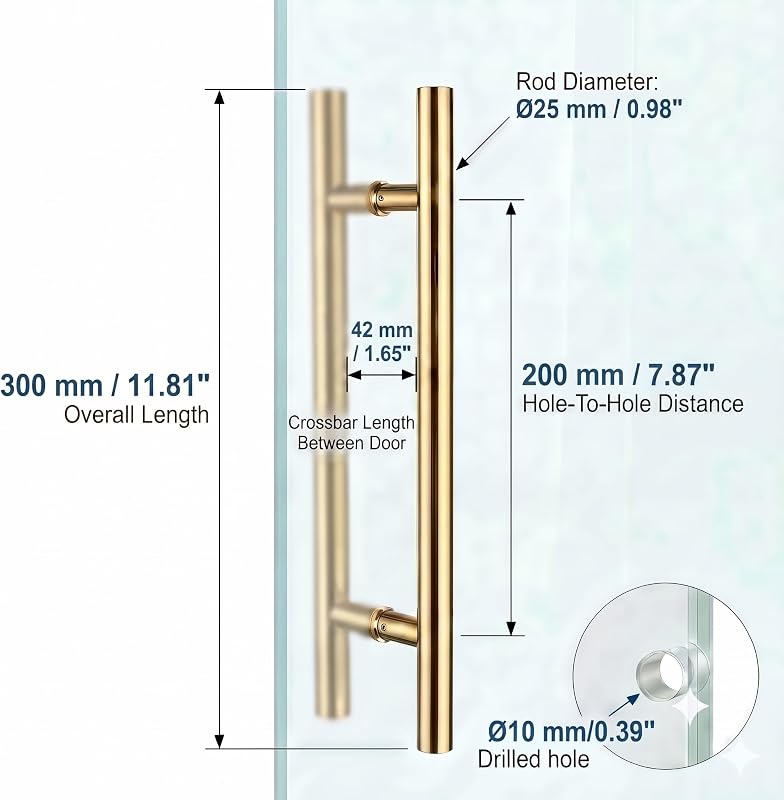 Manijas acero inox 304 12" para puertas madera/vidrio PVD