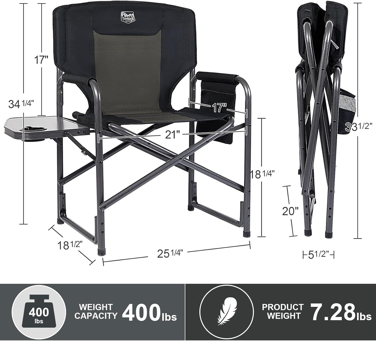 Silla campamento aluminio gran tamaño mesa auxiliar 400lb
