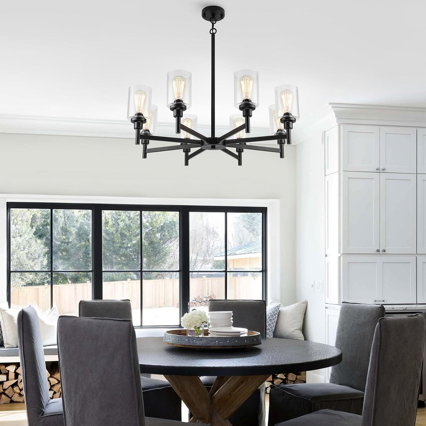 Candelabro negro 8 luces vidrio transparente sala cocina