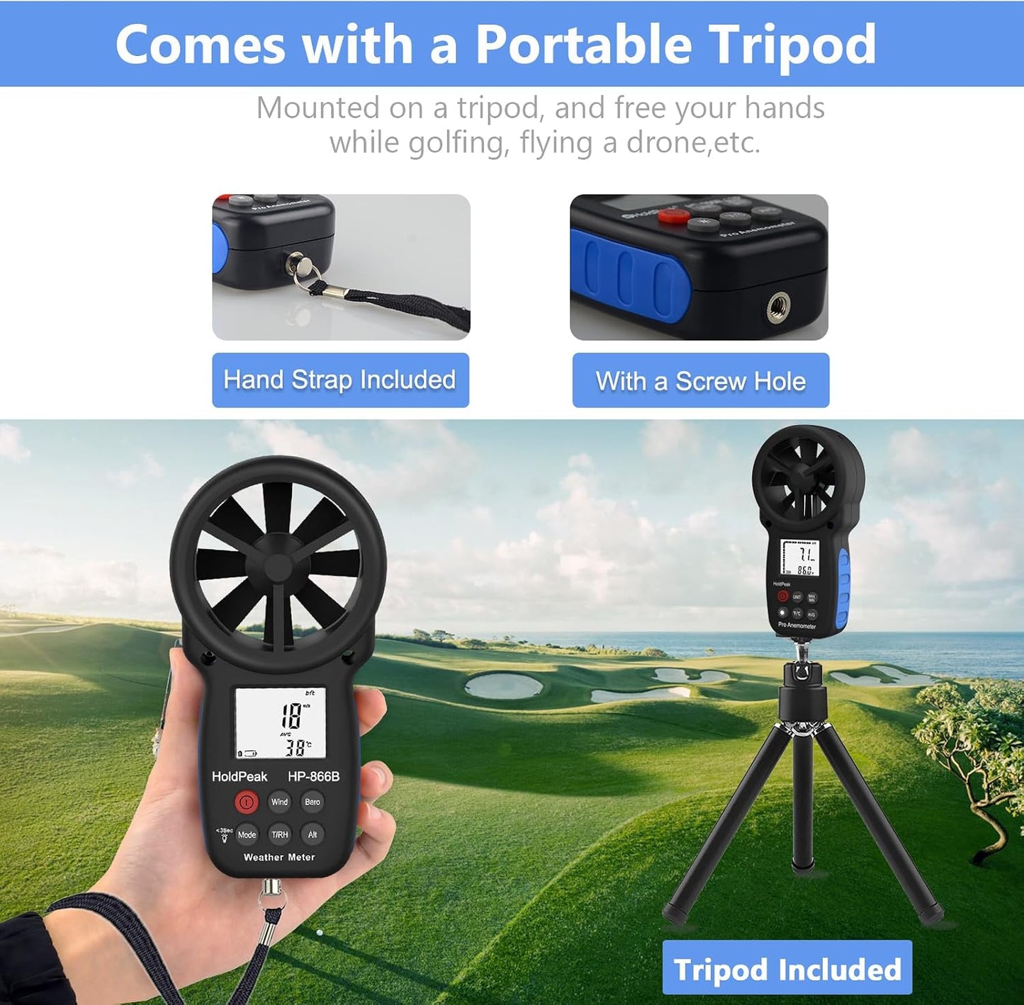 Anemómetro digital con trípode para HVAC y golf