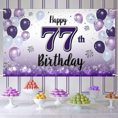 Decoración cumpleaños 77 globo morado cartel grande