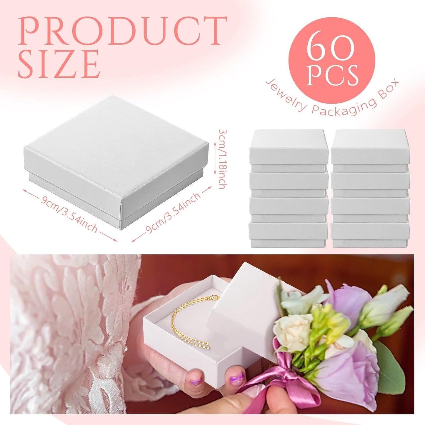 60 Cajas Regalo Joyas 3.5x3.5pulg Cartón Blanco