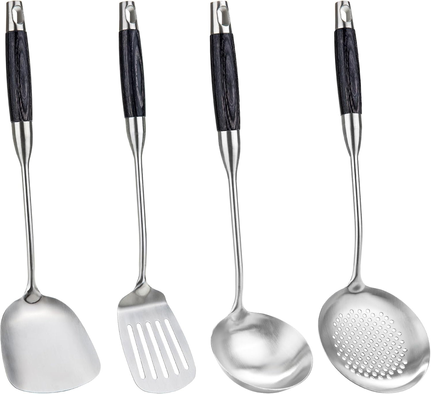 Set 4 Espátulas Wok Acero Inox con Mango Madera