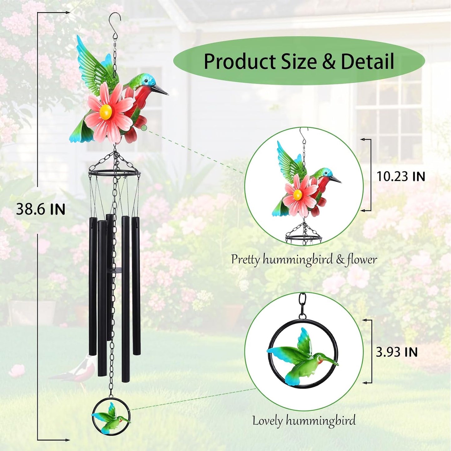 Campanillas de viento colibrí con flores para jardín y hogar